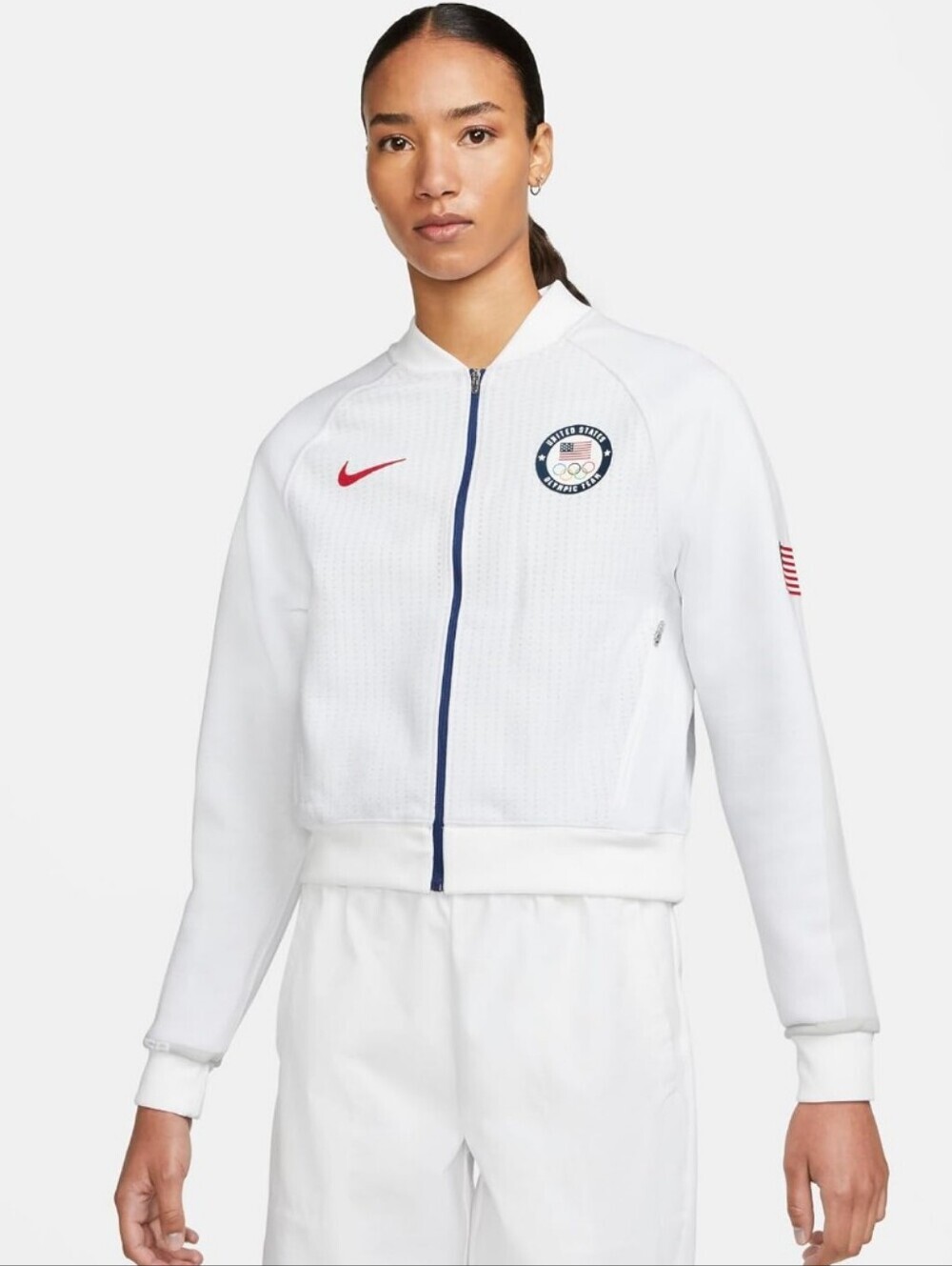 Nike White USA Olympic Varsity Jacket with Red Swoosh_S